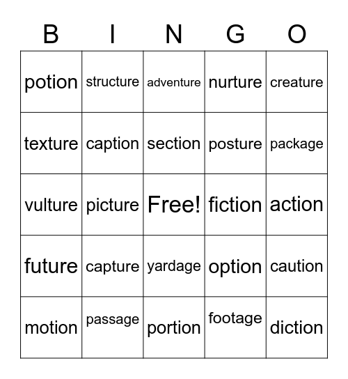 tion, ture, age Bingo Card