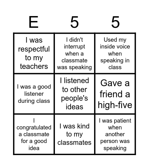 E 55 Rule #9 Bingo Card
