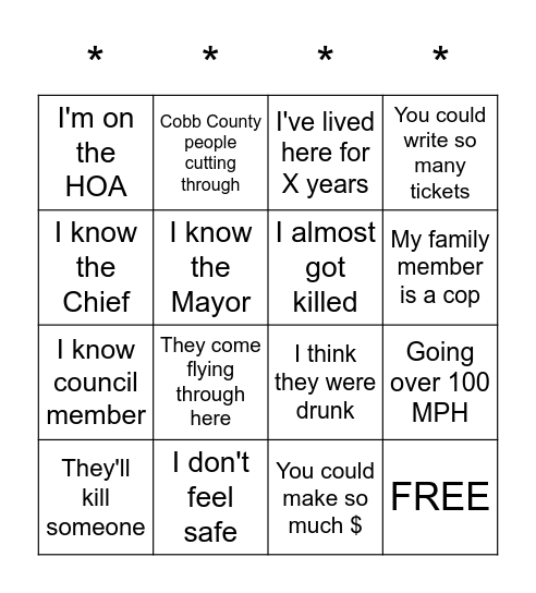 Traffic Complaint Bingo Card