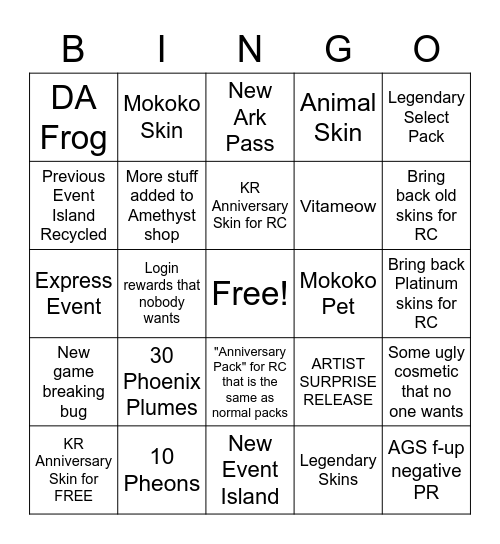 Lost Ark Anni Bingo Card