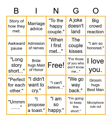 Wedding Speech Bingo Card