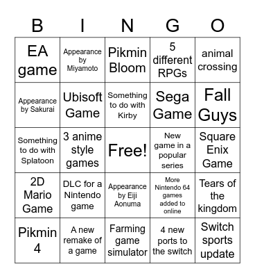 Nintendo Direct Bingo Card