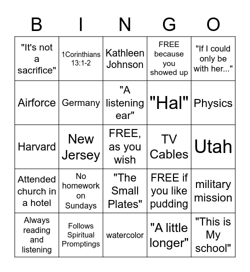 The Life of President Eyring Bingo Card