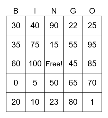 100th Day of School5 Bingo Card