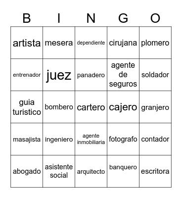 Professions Bingo Card