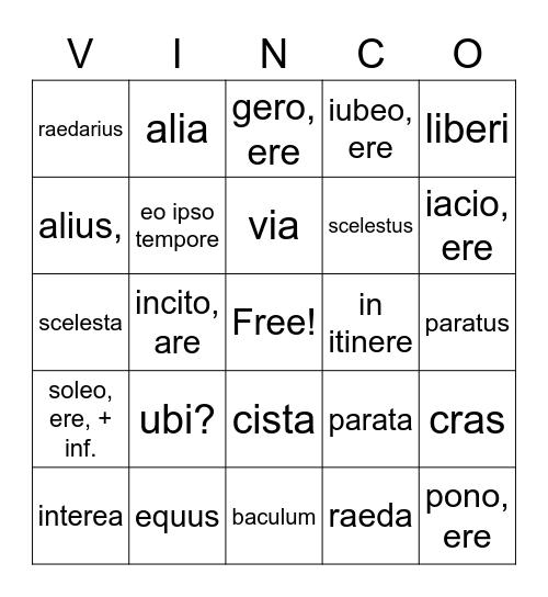 Latin I Chapter 10 Bingo Card