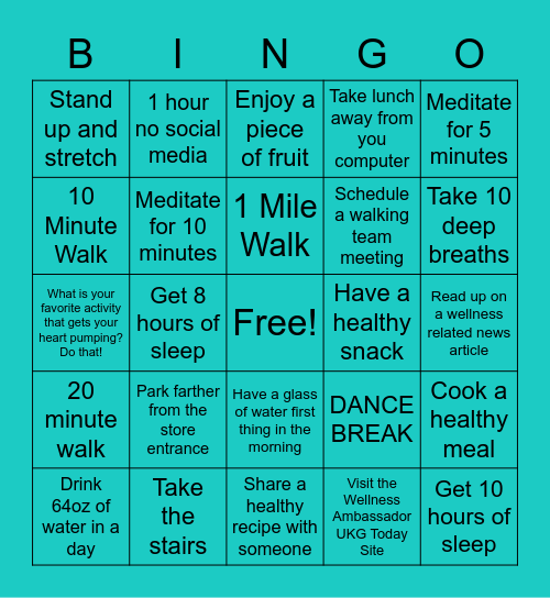 UKG Wellness Bingo Card