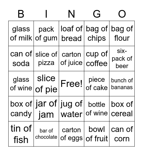 FOOD CONTAINERS Bingo Card