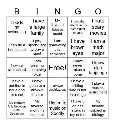 Find a Friend Bingo Card