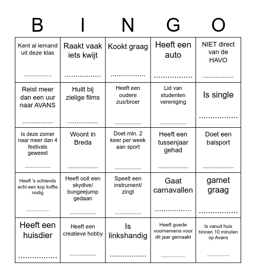 Leer je klasgenoten kennen Bingo Card