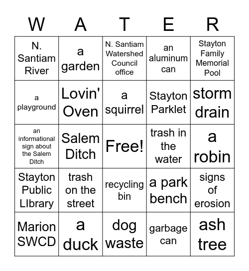 Great Raindrop Scavenger Hunt - Stayton Bingo Card