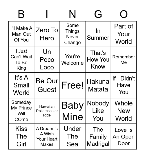 Disney Bingo Card