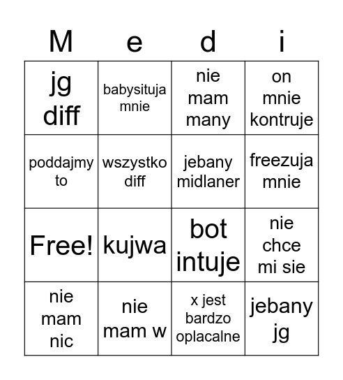 medium bingo Card