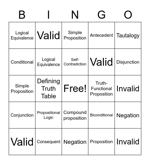 Intermediate Logic Lesson 1-9 Bingo Card