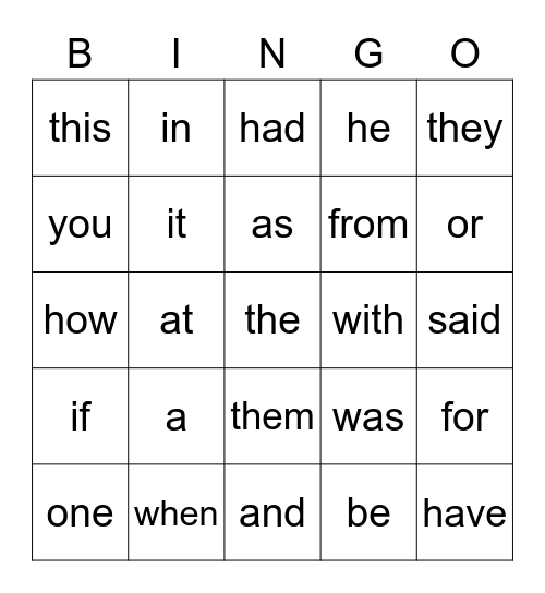Sight Words 1-5 Bingo Card