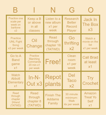 Goals for the Semester Bingo Card