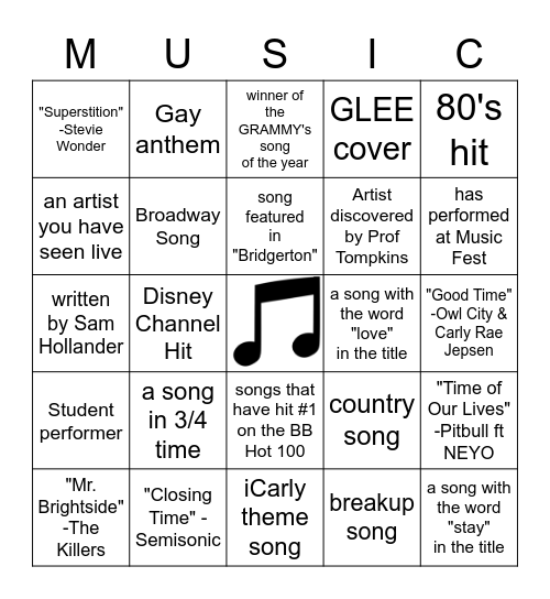 Hofstra Concert's Semester Kickoff Bingo Card