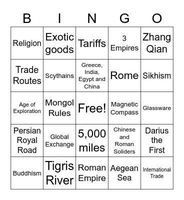 Silk Road Bingo Card