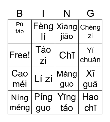 Fruits chinese Bingo Card