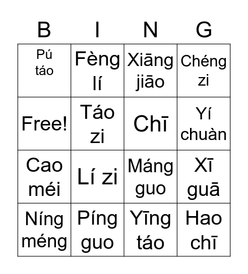 Fruits chinese Bingo Card