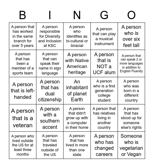 Diversity Bingo Card