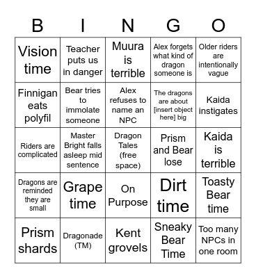 Dragon Tales Bingo Card