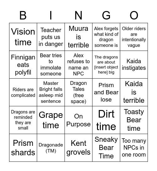 Dragon Tales Bingo Card