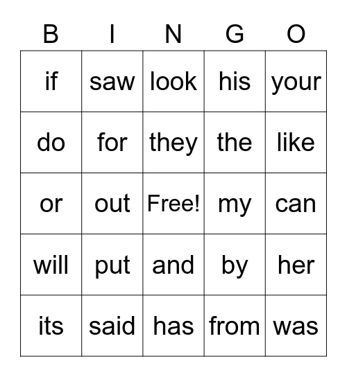 Site word Bingo Card