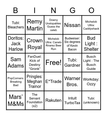 Super Bowl LVII Commercial Bingo Card