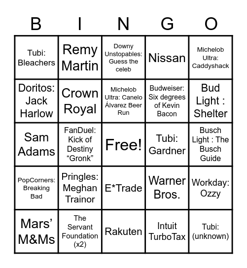 Super Bowl LVII Commercial Bingo Card