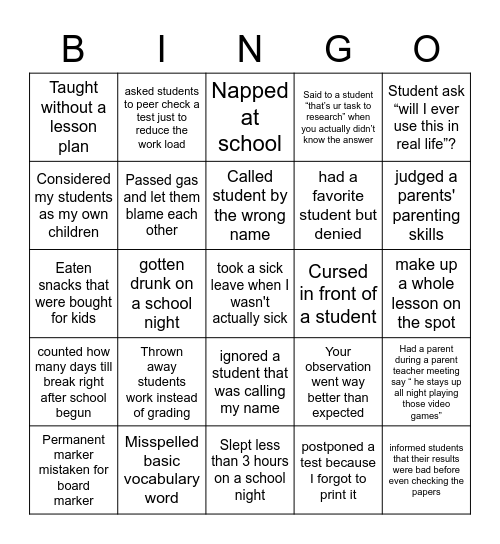 Never have I ever... Teachers version Bingo Card