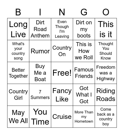 Country Music Bingo Card