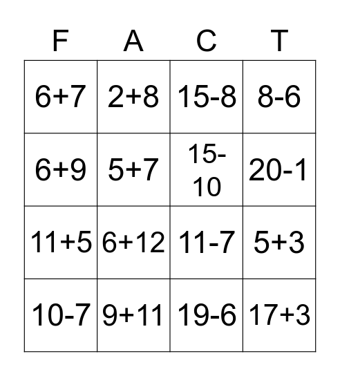 Fact Family Bingo Card