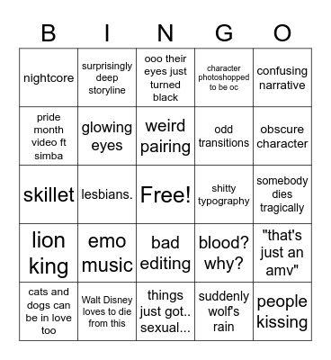 Animash/NonDisney Bingo Card