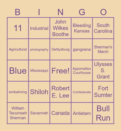 Civil War Bingo Card