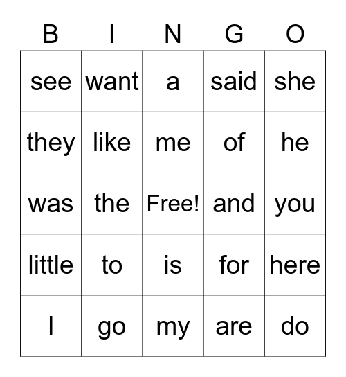 Sight Word Bingo Card