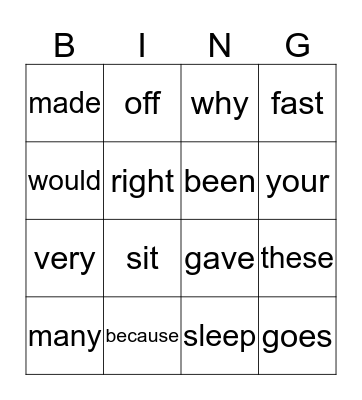 Sight Word Bingo-2nd grade Bingo Card