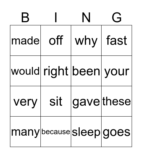 Sight Word Bingo-2nd grade Bingo Card