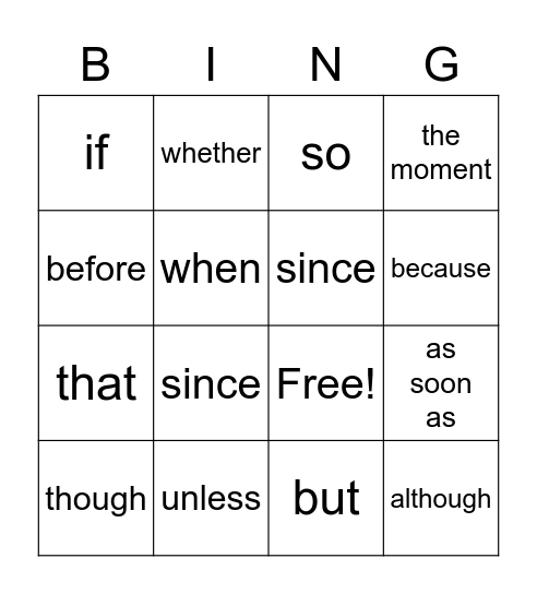 CONJUNCTIONS Bingo Card