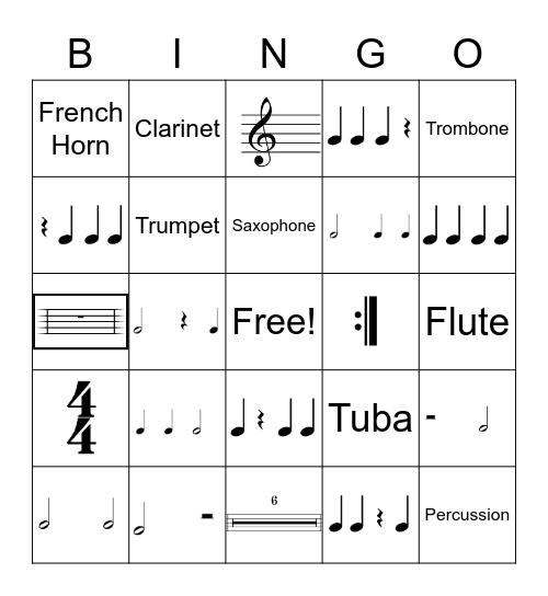 6th Grade Band Bingo Card