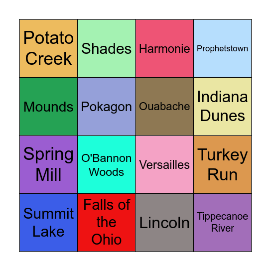 Indiana State Parks Bingo Card