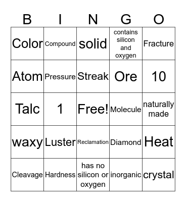 Minerals Bingo Card