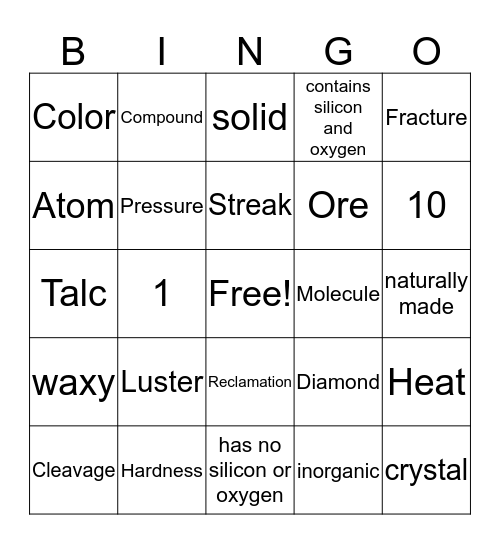 Minerals Bingo Card