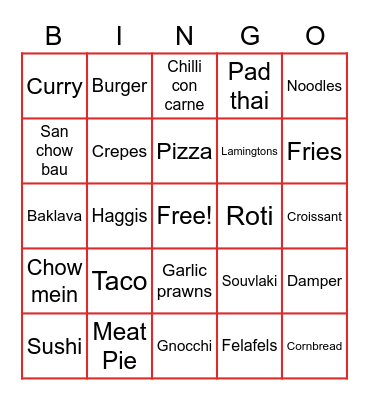 Multicultural Cuisine Bingo Card