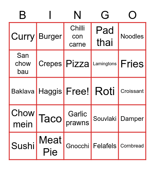 Multicultural Cuisine Bingo Card