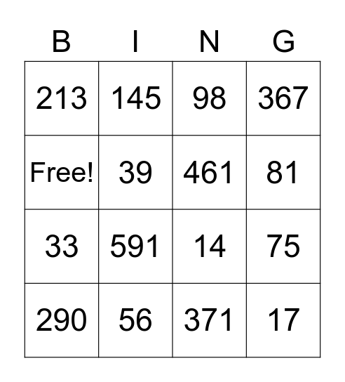 Place Value Bingo Card