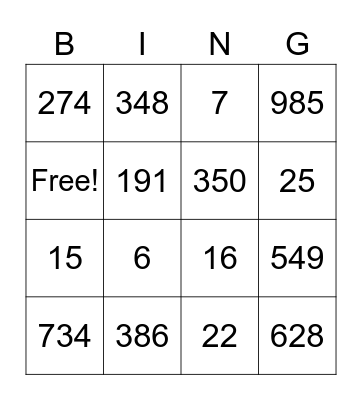 Place Value Bingo Card