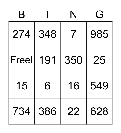 Place Value Bingo Card