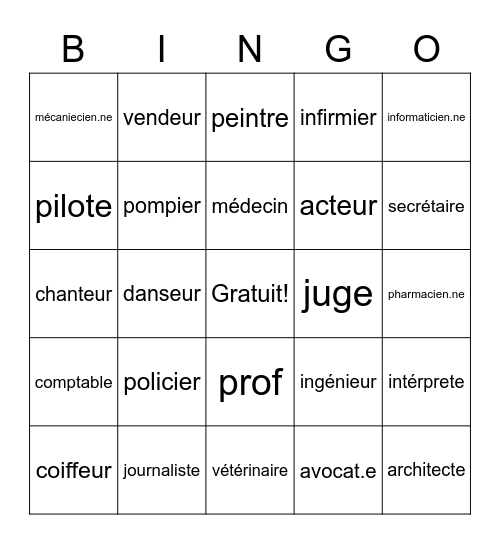 Les métiers/Les professions Bingo Card