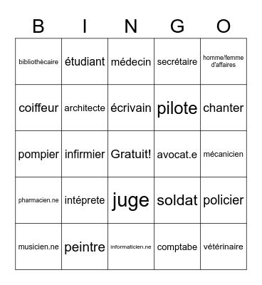 Les professions Bingo Card